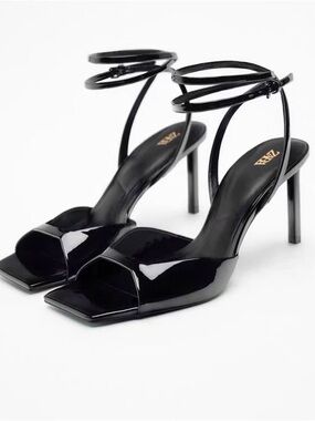 Zara Black Faux Patent Double-Ankle Strap Stiletto Heel Sandals